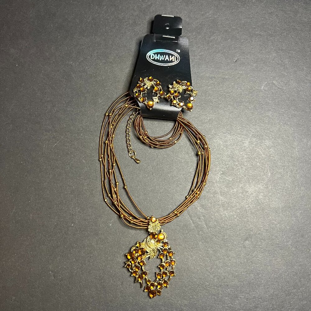 Dhwani Gold Tone Amber Colored Faceted Gem Necklace & Earring Jewelry Set